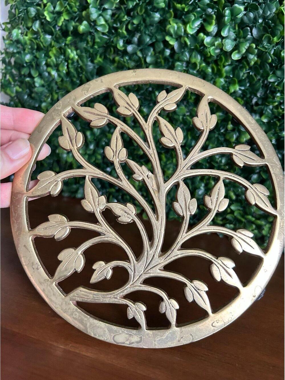 Vintage Solid Brass Tree of Life Trivet India Boho Hot Plate Decor